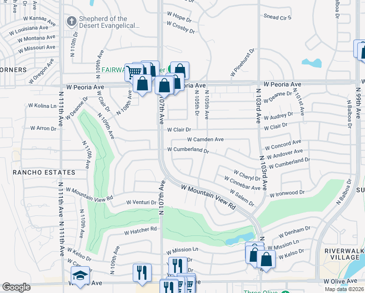 map of restaurants, bars, coffee shops, grocery stores, and more near 10613 West Camden Avenue in Sun City