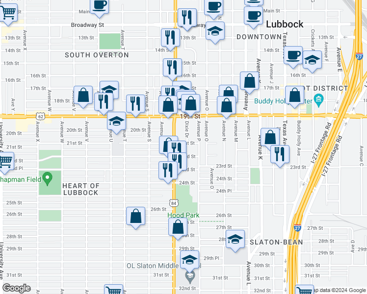 map of restaurants, bars, coffee shops, grocery stores, and more near 1624 21st Street in Lubbock