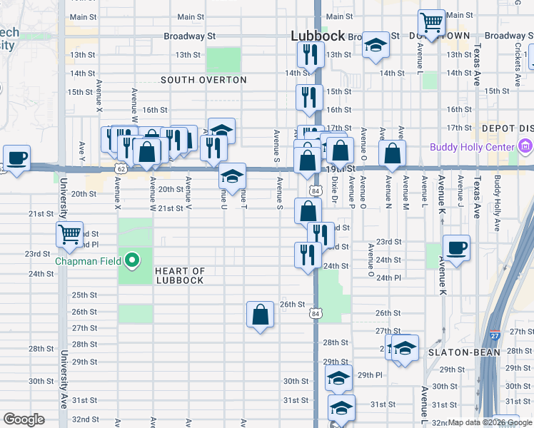 map of restaurants, bars, coffee shops, grocery stores, and more near 1916 21st Street in Lubbock