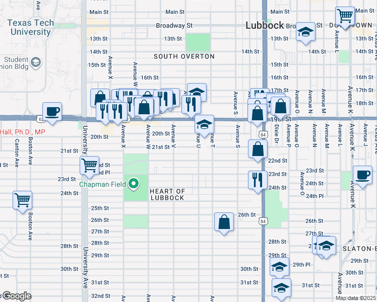 map of restaurants, bars, coffee shops, grocery stores, and more near 2114 21st Street in Lubbock