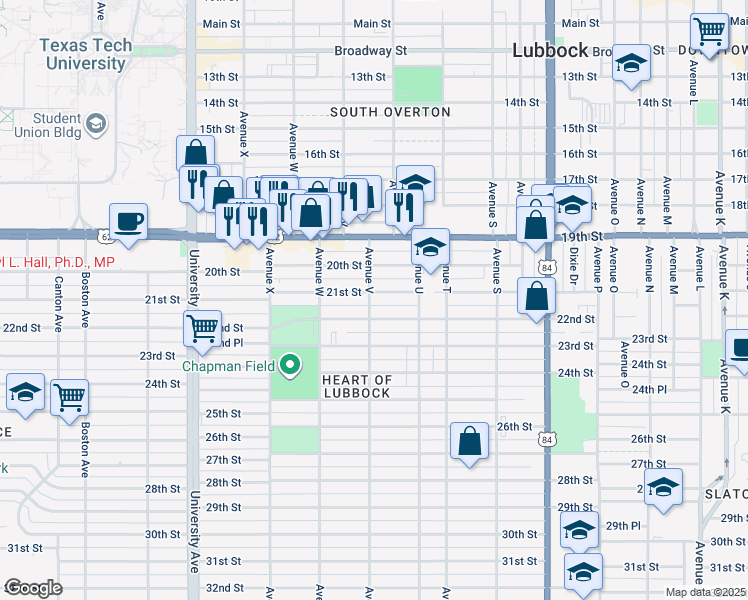 map of restaurants, bars, coffee shops, grocery stores, and more near 2014 Avenue V in Lubbock