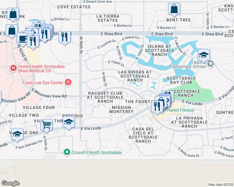 map of restaurants, bars, coffee shops, grocery stores, and more near 9998 East Purdue Avenue in Scottsdale