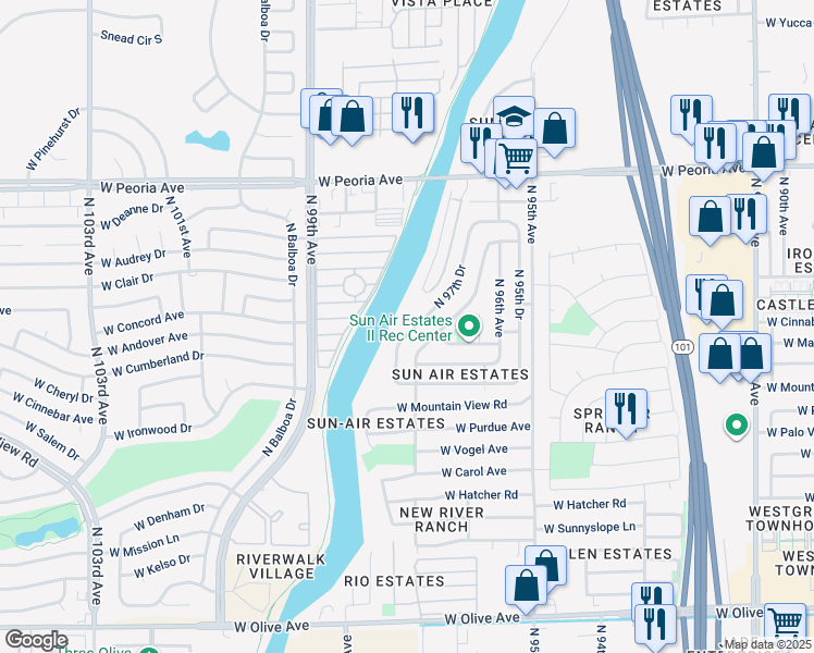 map of restaurants, bars, coffee shops, grocery stores, and more near 10110 North 97th Drive in Peoria