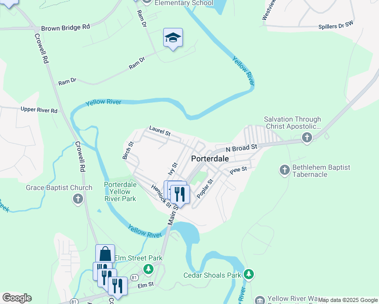 map of restaurants, bars, coffee shops, grocery stores, and more near 43 Hazel Street in Porterdale