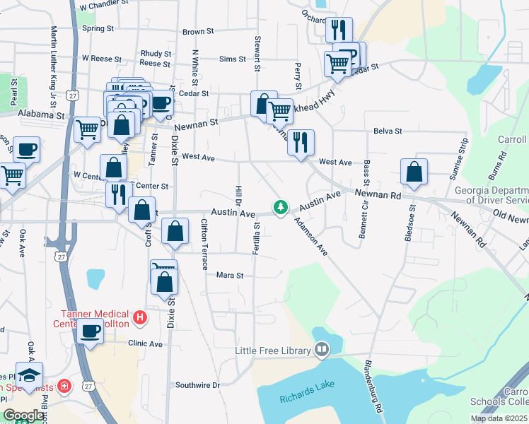 map of restaurants, bars, coffee shops, grocery stores, and more near 406 Austin Avenue in Carrollton