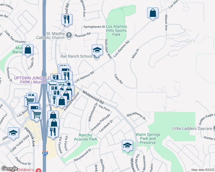 map of restaurants, bars, coffee shops, grocery stores, and more near 25187 Corte Sombrero in Murrieta