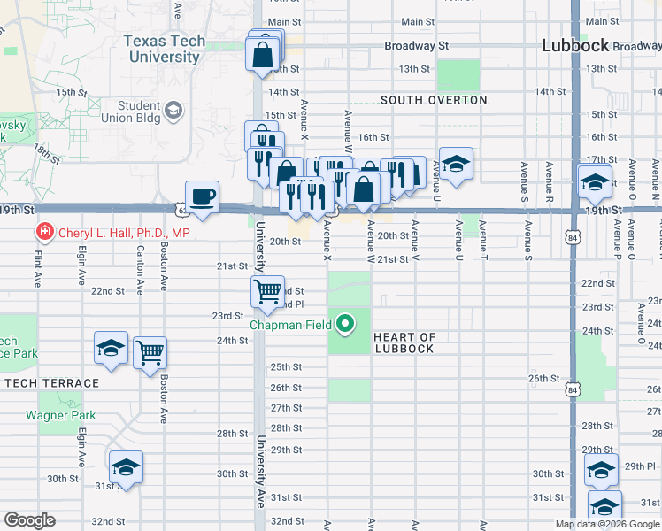 map of restaurants, bars, coffee shops, grocery stores, and more near 2316 21st Street in Lubbock