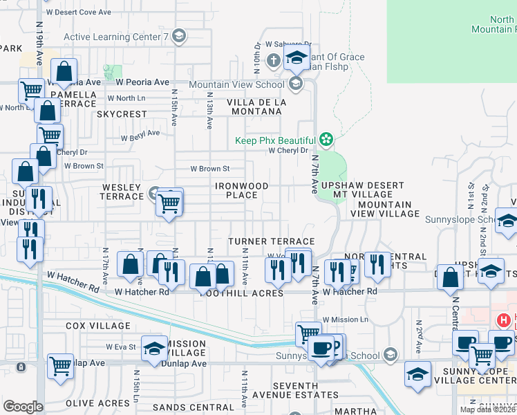 map of restaurants, bars, coffee shops, grocery stores, and more near 9826 North 10th Avenue in Phoenix