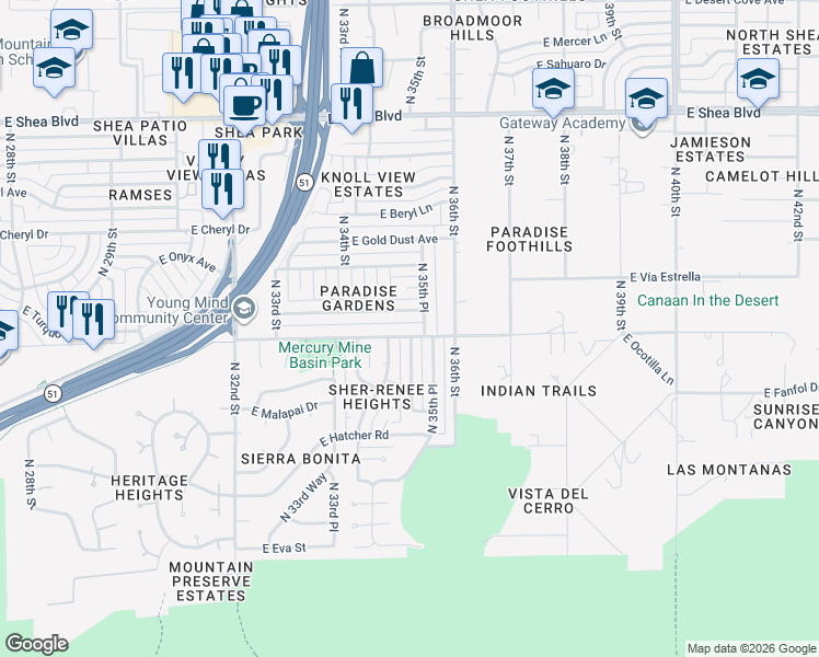 map of restaurants, bars, coffee shops, grocery stores, and more near 3517 East Turquoise Avenue in Phoenix