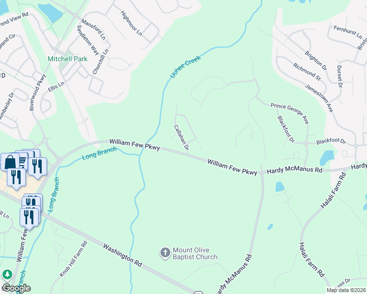map of restaurants, bars, coffee shops, grocery stores, and more near 216 Callahan Drive in Evans