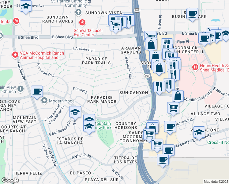 map of restaurants, bars, coffee shops, grocery stores, and more near 8671 East Cheryl Drive in Scottsdale