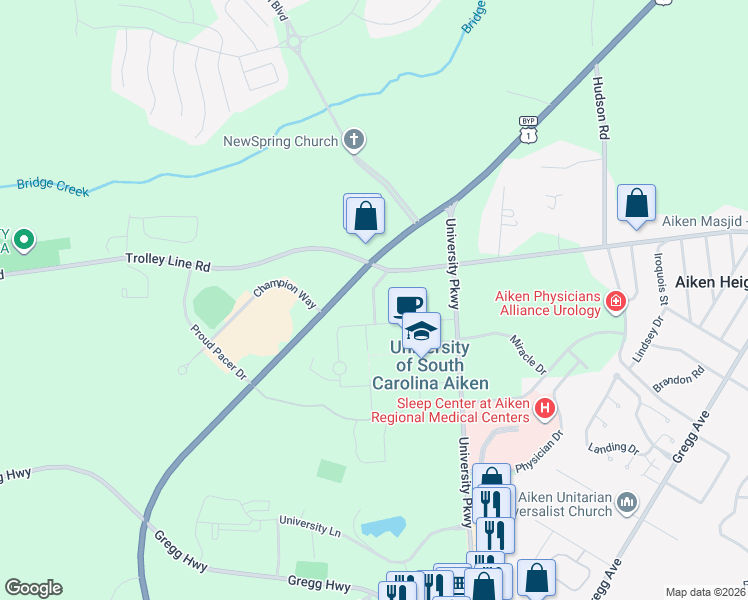 map of restaurants, bars, coffee shops, grocery stores, and more near College Station Drive in Aiken