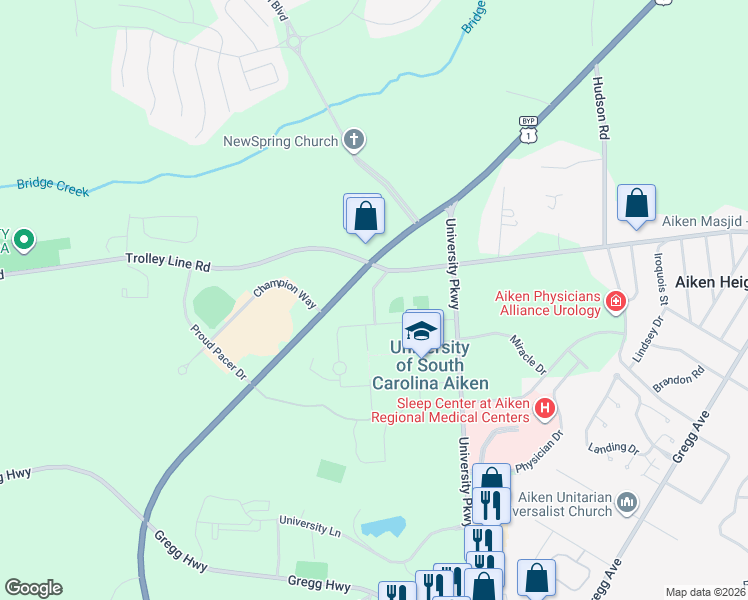 map of restaurants, bars, coffee shops, grocery stores, and more near College Station Drive in Aiken
