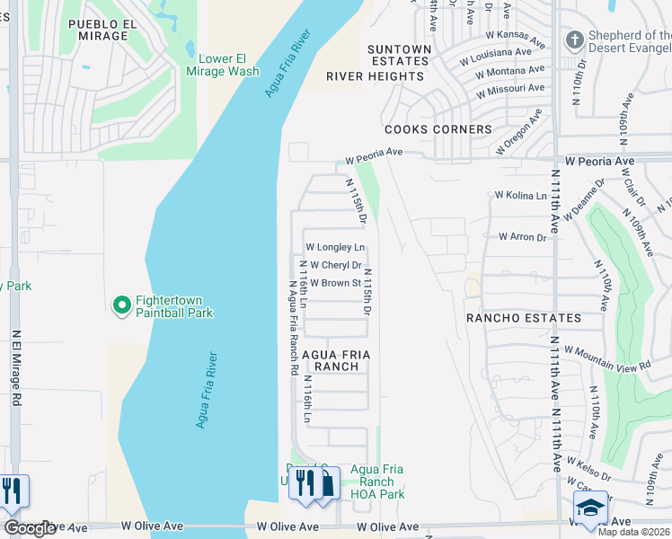 map of restaurants, bars, coffee shops, grocery stores, and more near 11602 West Cheryl Drive in Youngtown
