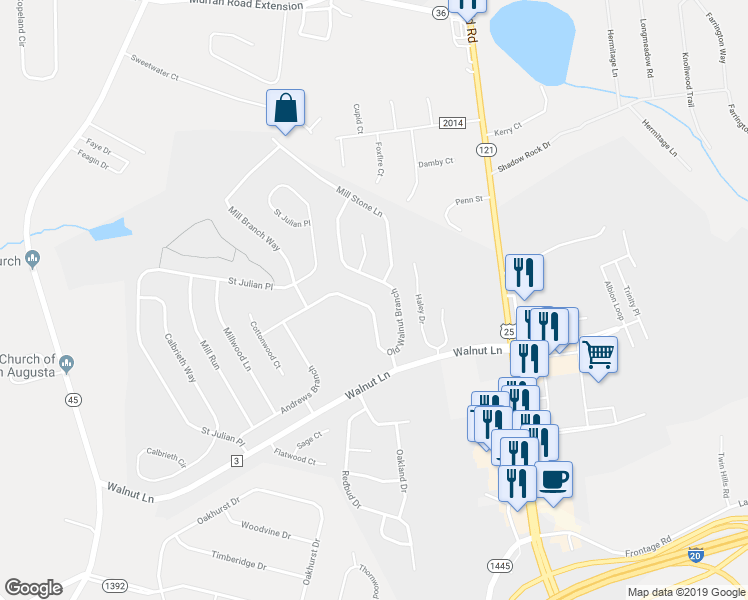 map of restaurants, bars, coffee shops, grocery stores, and more near 543 Old Walnut Branch in North Augusta
