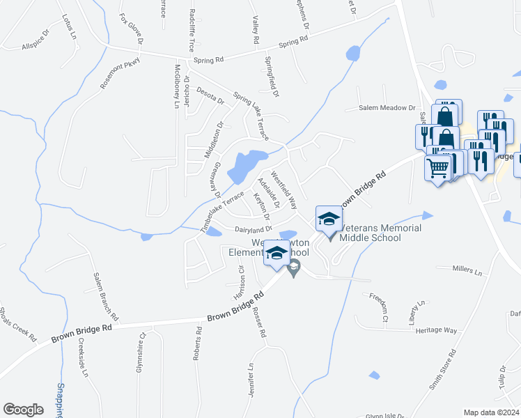 map of restaurants, bars, coffee shops, grocery stores, and more near 50 Keyton Drive in Covington