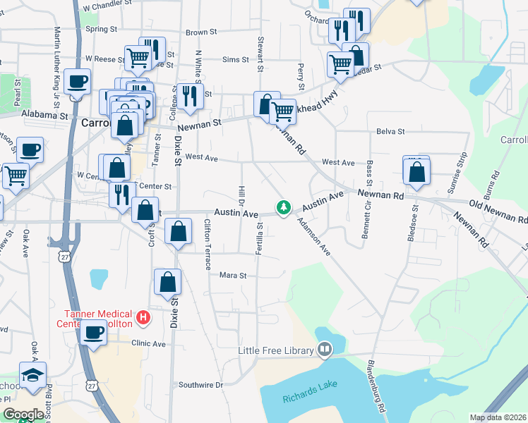 map of restaurants, bars, coffee shops, grocery stores, and more near 402 Austin Avenue in Carrollton