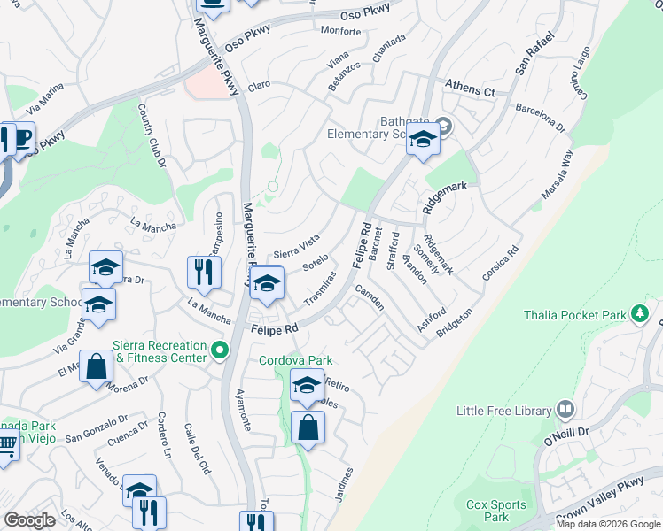 map of restaurants, bars, coffee shops, grocery stores, and more near 26681 Trasmiras in Mission Viejo