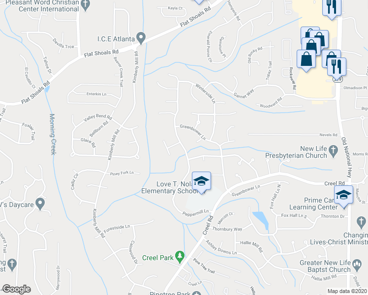 map of restaurants, bars, coffee shops, grocery stores, and more near 6549 Peppermill Lane in Atlanta
