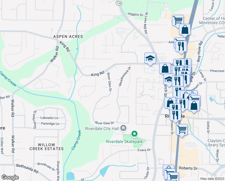 map of restaurants, bars, coffee shops, grocery stores, and more near 6554 River Glen Drive in Riverdale