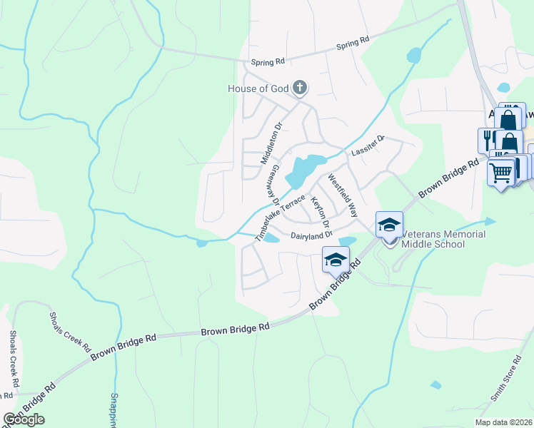 map of restaurants, bars, coffee shops, grocery stores, and more near 125 Timberlake Terrace in Covington