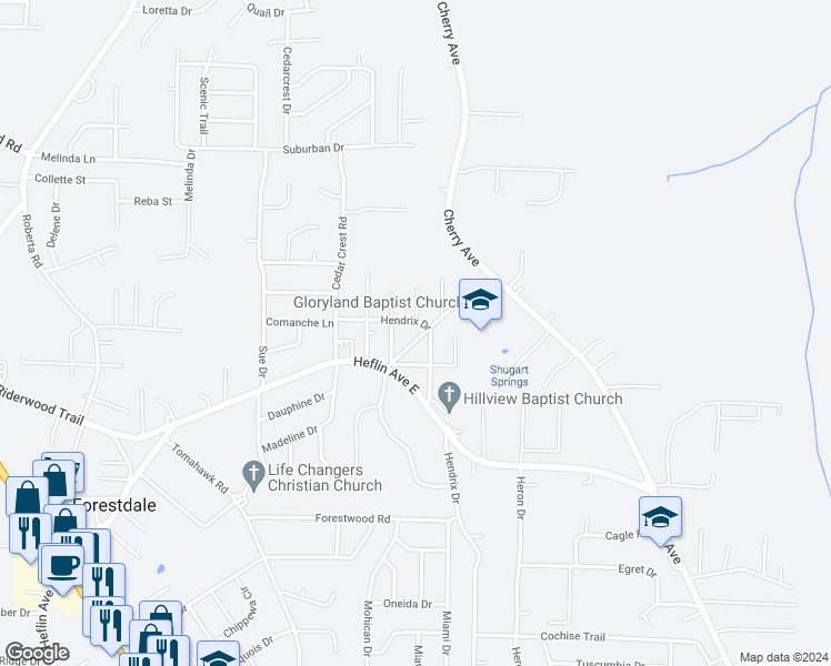 map of restaurants, bars, coffee shops, grocery stores, and more near 1732 Circlewood Drive in Birmingham