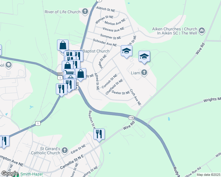 map of restaurants, bars, coffee shops, grocery stores, and more near 1112 Cornish Street Northeast in Aiken