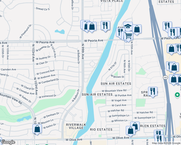 map of restaurants, bars, coffee shops, grocery stores, and more near New River Trail W in Peoria