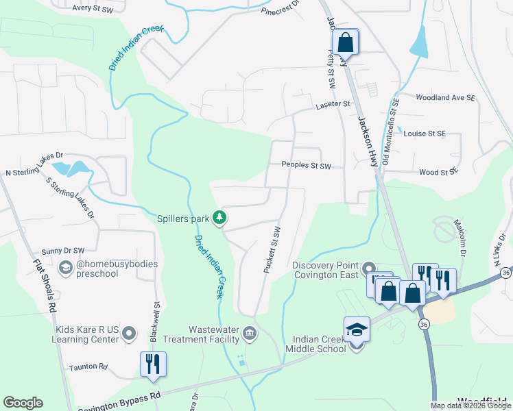 map of restaurants, bars, coffee shops, grocery stores, and more near 8168 Kirk Street Southwest in Covington