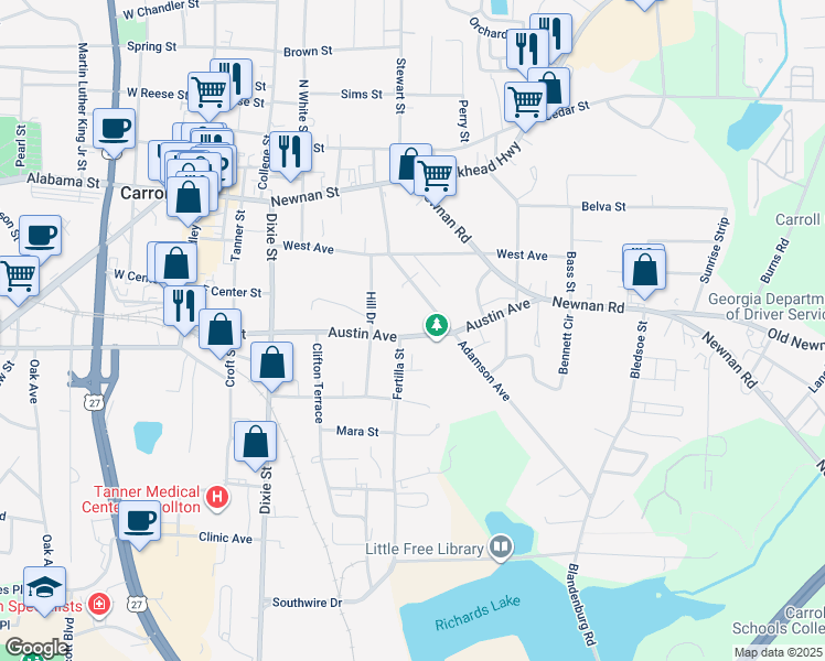 map of restaurants, bars, coffee shops, grocery stores, and more near 406 Austin Avenue in Carrollton