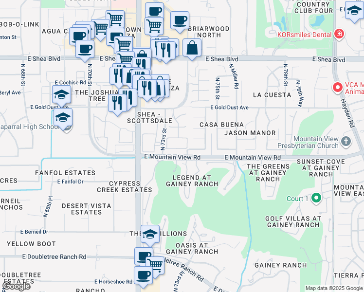 map of restaurants, bars, coffee shops, grocery stores, and more near 7355 East Ironwood Court in Scottsdale