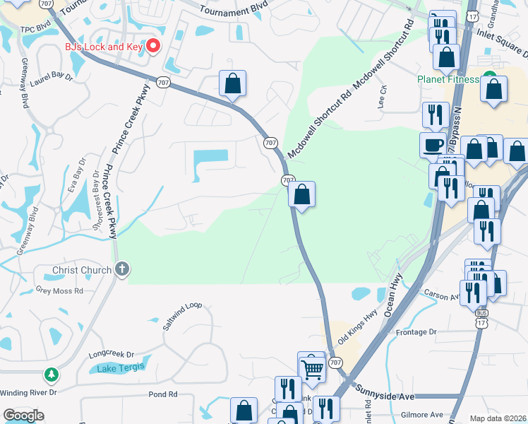 map of restaurants, bars, coffee shops, grocery stores, and more near 11200 Betts Road in Murrells Inlet