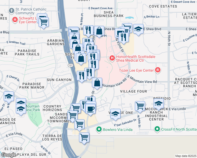 map of restaurants, bars, coffee shops, grocery stores, and more near 9977 North 90th Street in Scottsdale