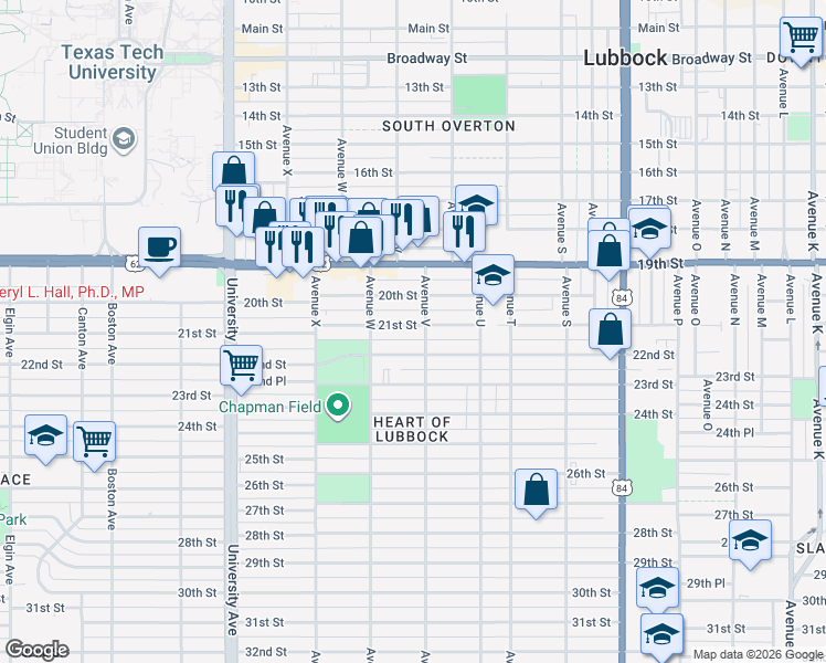 map of restaurants, bars, coffee shops, grocery stores, and more near 2205 21st Street in Lubbock