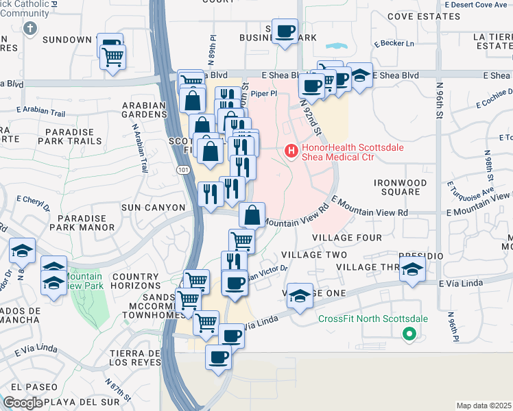 map of restaurants, bars, coffee shops, grocery stores, and more near 9971 North 90th Street in Scottsdale