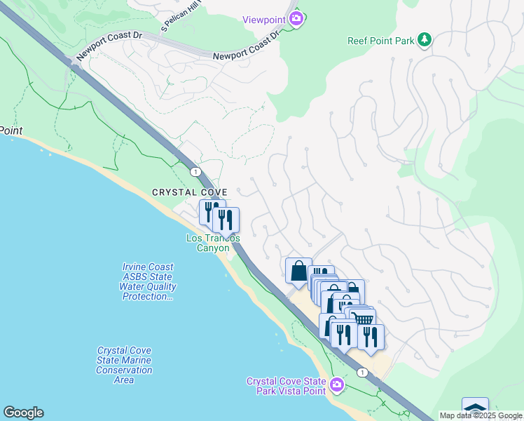map of restaurants, bars, coffee shops, grocery stores, and more near 3 Atlantis Cove in Newport Beach