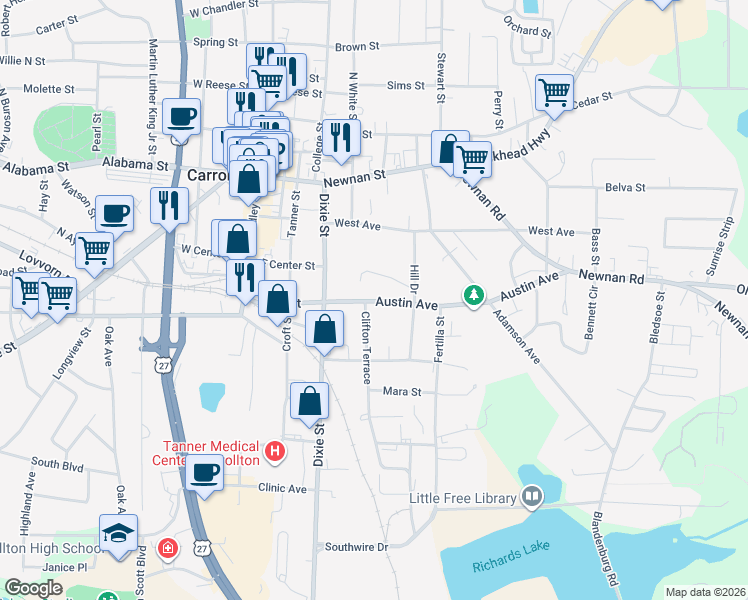 map of restaurants, bars, coffee shops, grocery stores, and more near 204A Austin Avenue in Carrollton