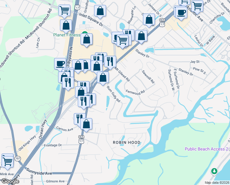 map of restaurants, bars, coffee shops, grocery stores, and more near 538 Fernwood Road in Murrells Inlet