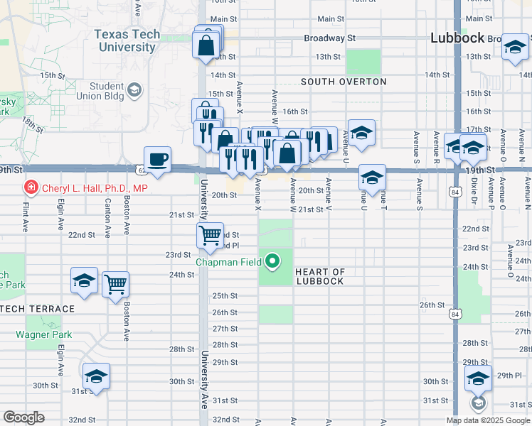 map of restaurants, bars, coffee shops, grocery stores, and more near 2316 21st Street in Lubbock