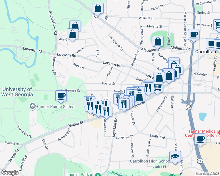 map of restaurants, bars, coffee shops, grocery stores, and more near 216 Foster Street in Carrollton