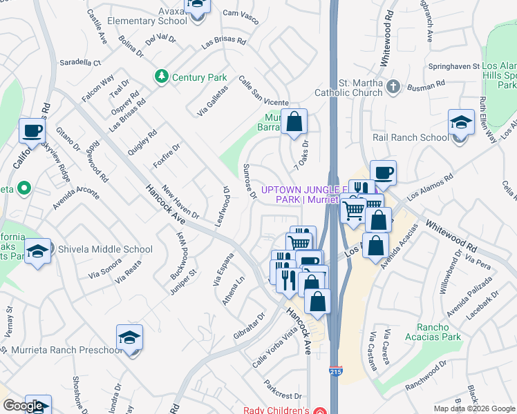 map of restaurants, bars, coffee shops, grocery stores, and more near 39709 Sunrose Drive in Murrieta