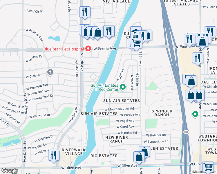 map of restaurants, bars, coffee shops, grocery stores, and more near 10110 North 97th Drive in Peoria
