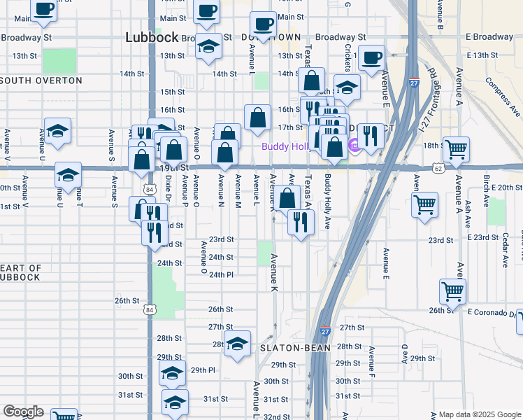 map of restaurants, bars, coffee shops, grocery stores, and more near 2009 Avenue L in Lubbock