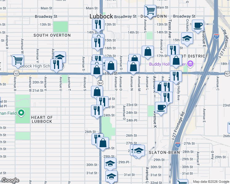 map of restaurants, bars, coffee shops, grocery stores, and more near 1925 Avenue P in Lubbock