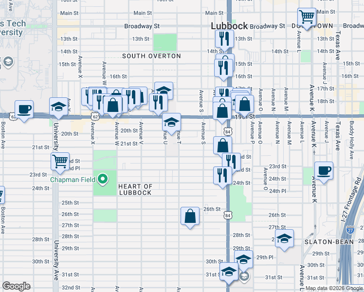 map of restaurants, bars, coffee shops, grocery stores, and more near 1916 21st Street in Lubbock