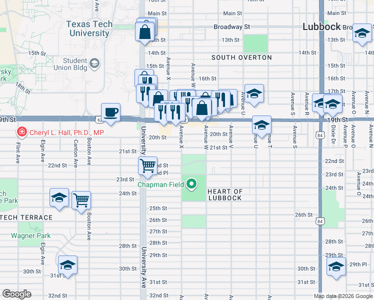 map of restaurants, bars, coffee shops, grocery stores, and more near 2316 21st Street in Lubbock