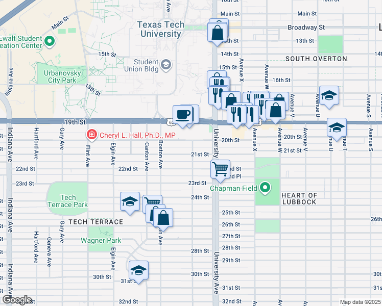 map of restaurants, bars, coffee shops, grocery stores, and more near 2522 21st Street in Lubbock