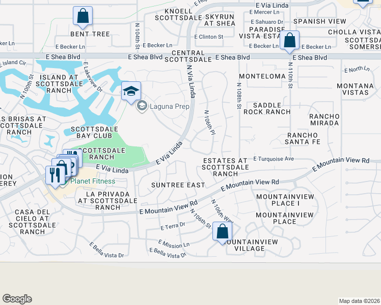 map of restaurants, bars, coffee shops, grocery stores, and more near 10608 East Arabian Park Drive in Scottsdale