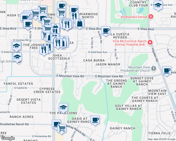 map of restaurants, bars, coffee shops, grocery stores, and more near 9830 North 75th Street in Scottsdale