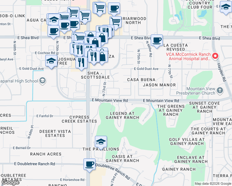 map of restaurants, bars, coffee shops, grocery stores, and more near 7355 East Ironwood Court in Scottsdale